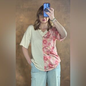 HEIMISH USA Two-Tone Split V-Neck Top in Cream and Pink Floral